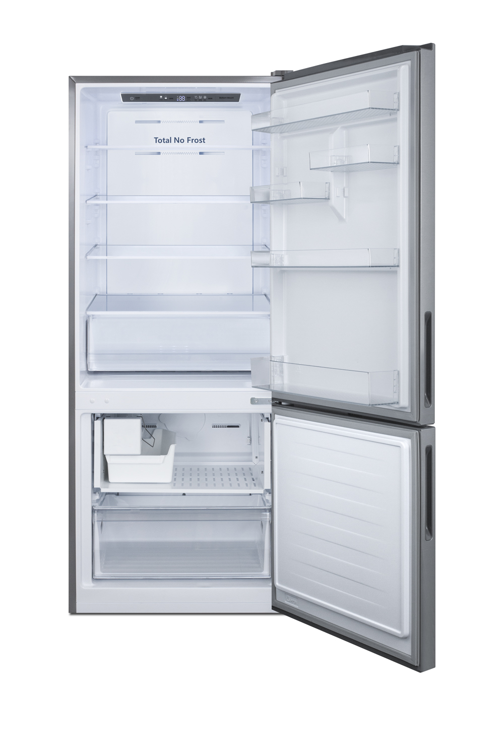 Frost-free bottom freezer refrigerator in stainless steel with factory-installed icemaker and digital controls and a counter depth fit